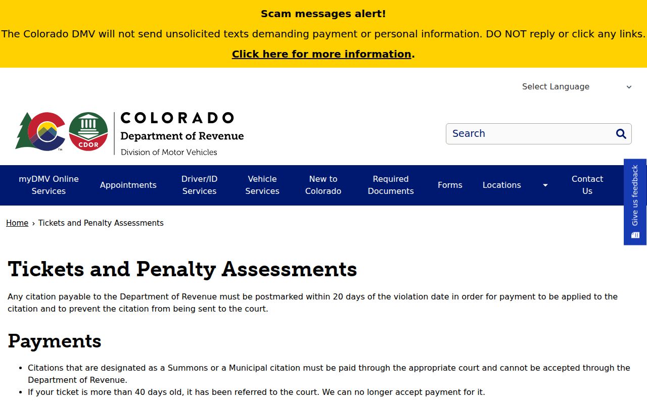 Douglas County warrant records Colorado DMV ticket page
